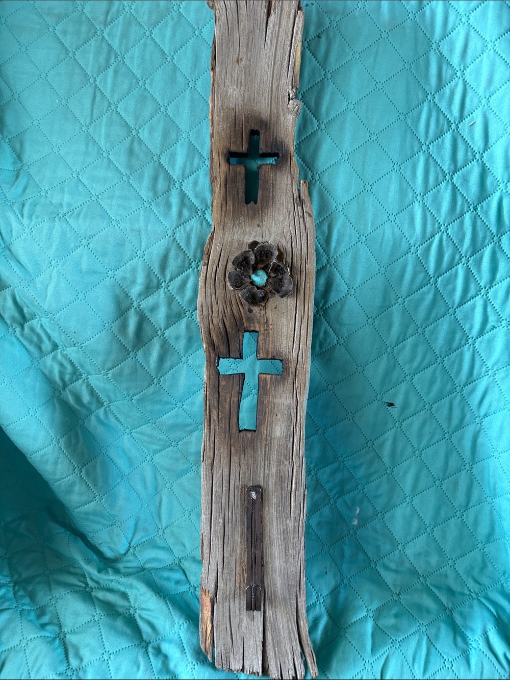 Handcrafted Wooden Wall Hook Panel with Turquoise Cross Accents